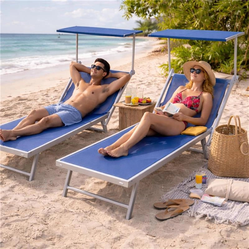 LETTINO RIMINI PRENDISOLE IN ALLUMINIIO CON PARASOLE PIEGHEVOLE 61X183/189X38H CM , COLORE BLU