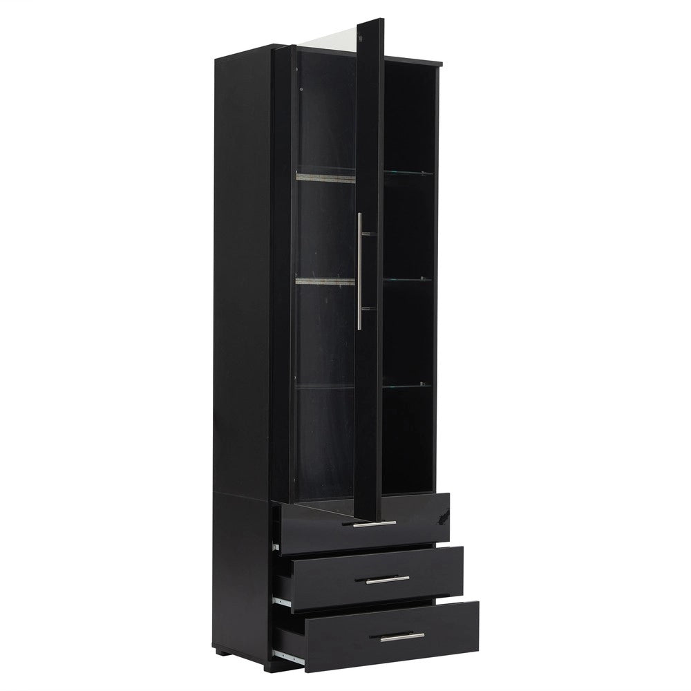 Vetrina con LED ¨C MINIMAL ¨C Nero Lucido, 3 Cassetti, 60x35x180 cm