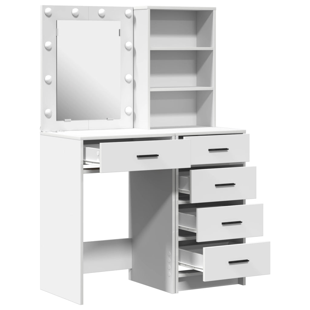 Set di due pezzi per il tavolo da trucco con LED in legno ingegnerizzato bianco