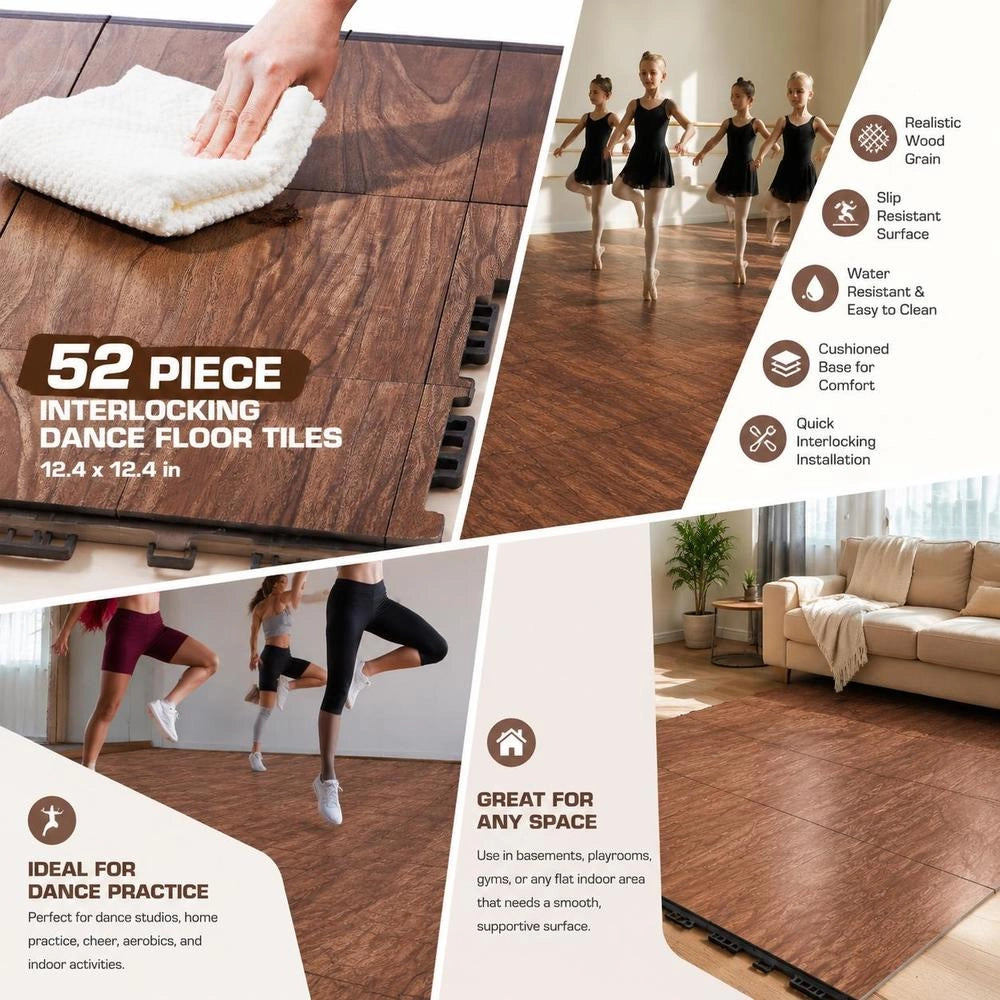 Dance Floor Tiles, 315x315x17.2 Mm, 52-piece Interlocking Dance Floor, Portable Dance Practice Floor With Padded Base (oak Wood Grain, 52 Square Feet/box)