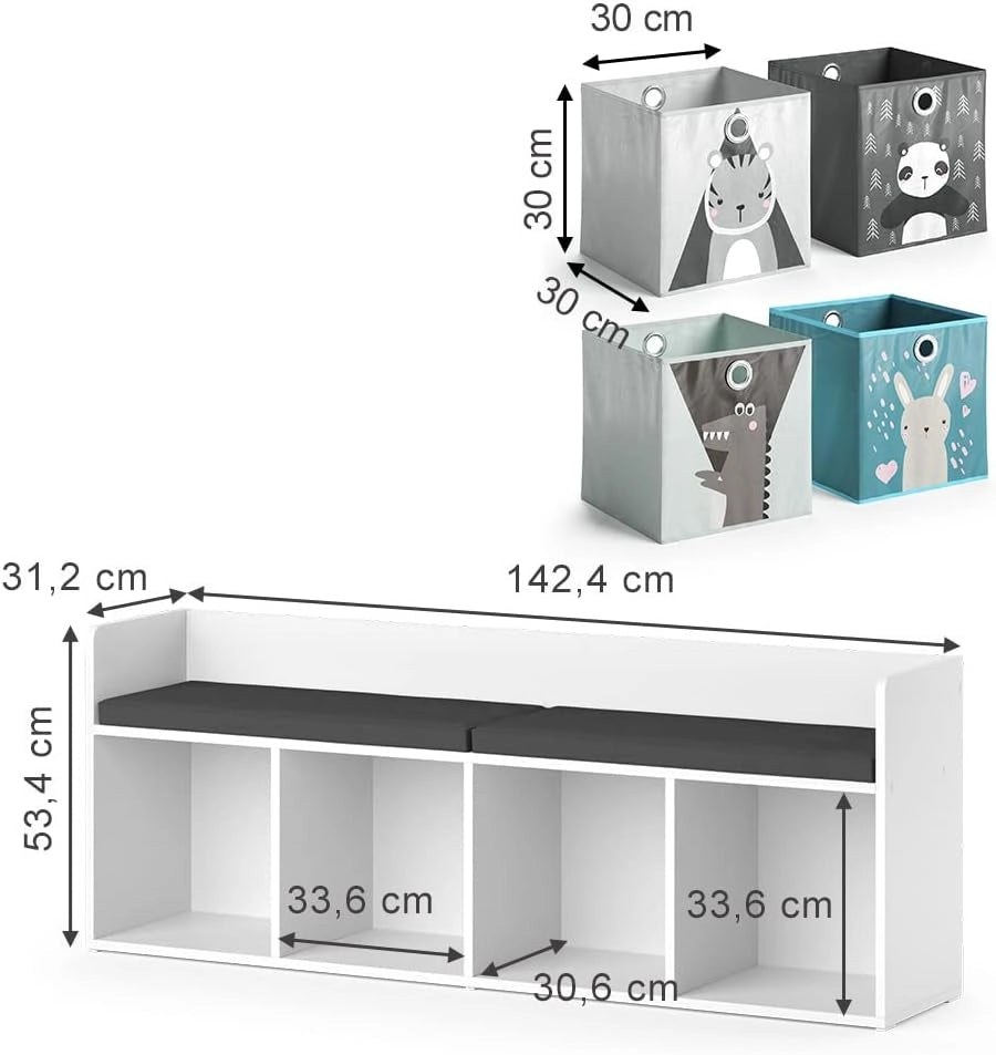 Scaffale per bambini Luigi, Bianco, 31.2 x 53.4 cm con 4 scatole pieghevoli opt.2, adatto per riporre giocattoli e libri