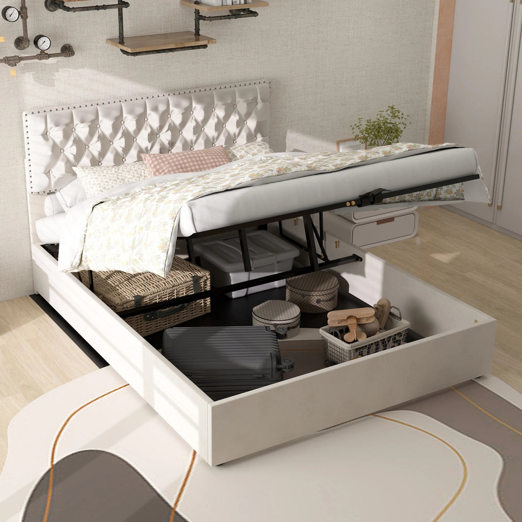 Letto Contenitore Imbottito ¨C MINIMAL ¨C Velluto Beige 140x200