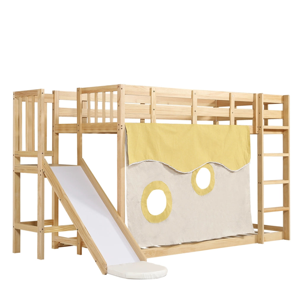 Letto a castello 90x200 cm con scivolo; tenda e scala in MDF e pino naturale