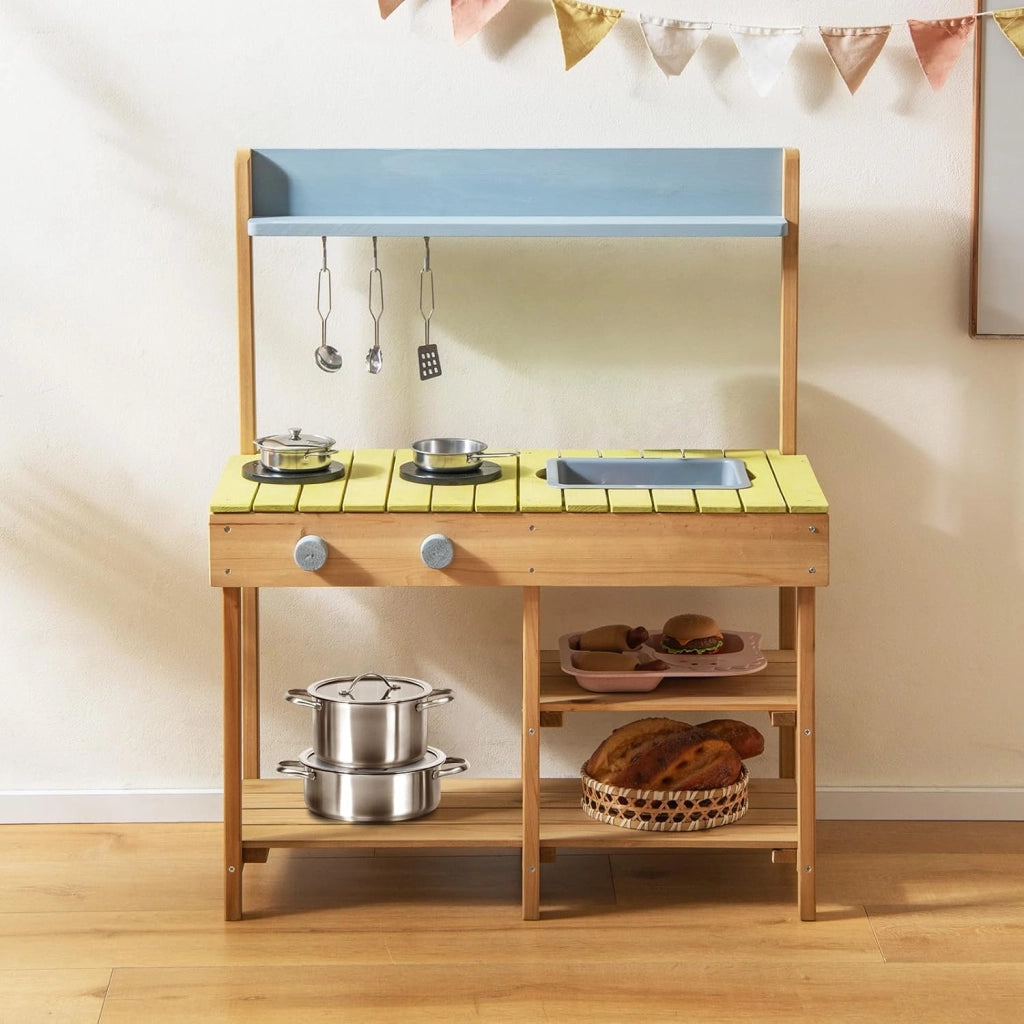 Cucina Giocattolo in Legno, Cucina per Bambini in Legno con Ganci Appendibili, 2 Fornelli, Lavello Rimovibile e Scaffali Aperti, Set da Giocattolo per Bambini 3+ Anni