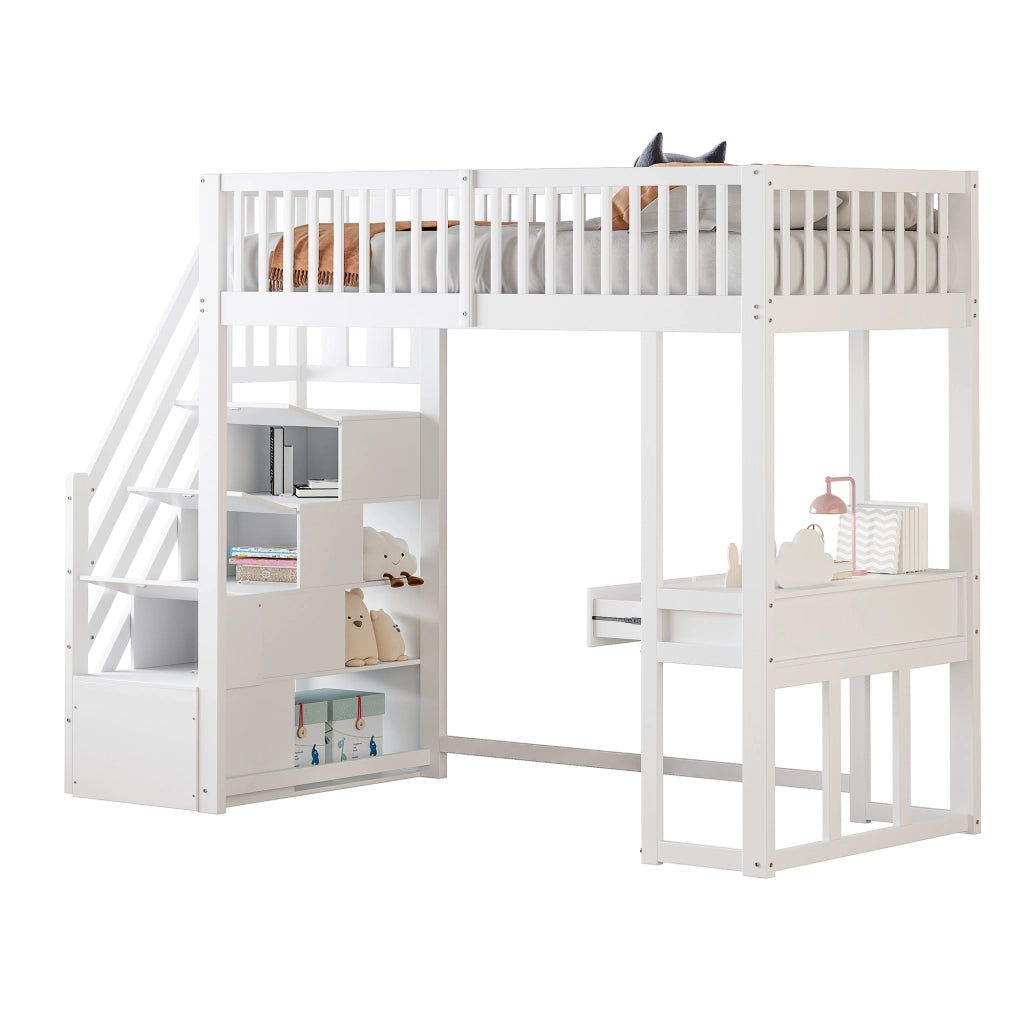 Letto a castello bianco con scrivania multifunzione in legno di pino 90x200 cm