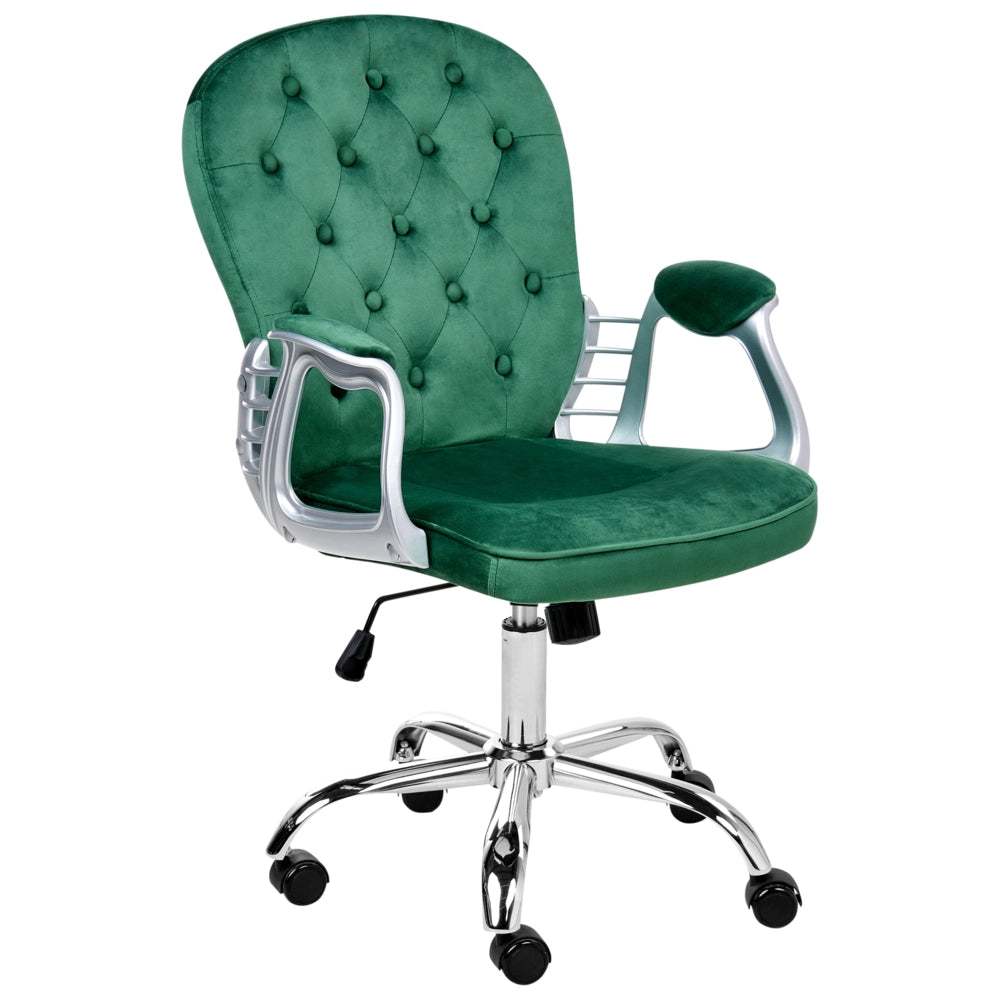 Sedia da ufficio in velluto verde con altezza regolabile e schienale trapuntato stile retrò moderno