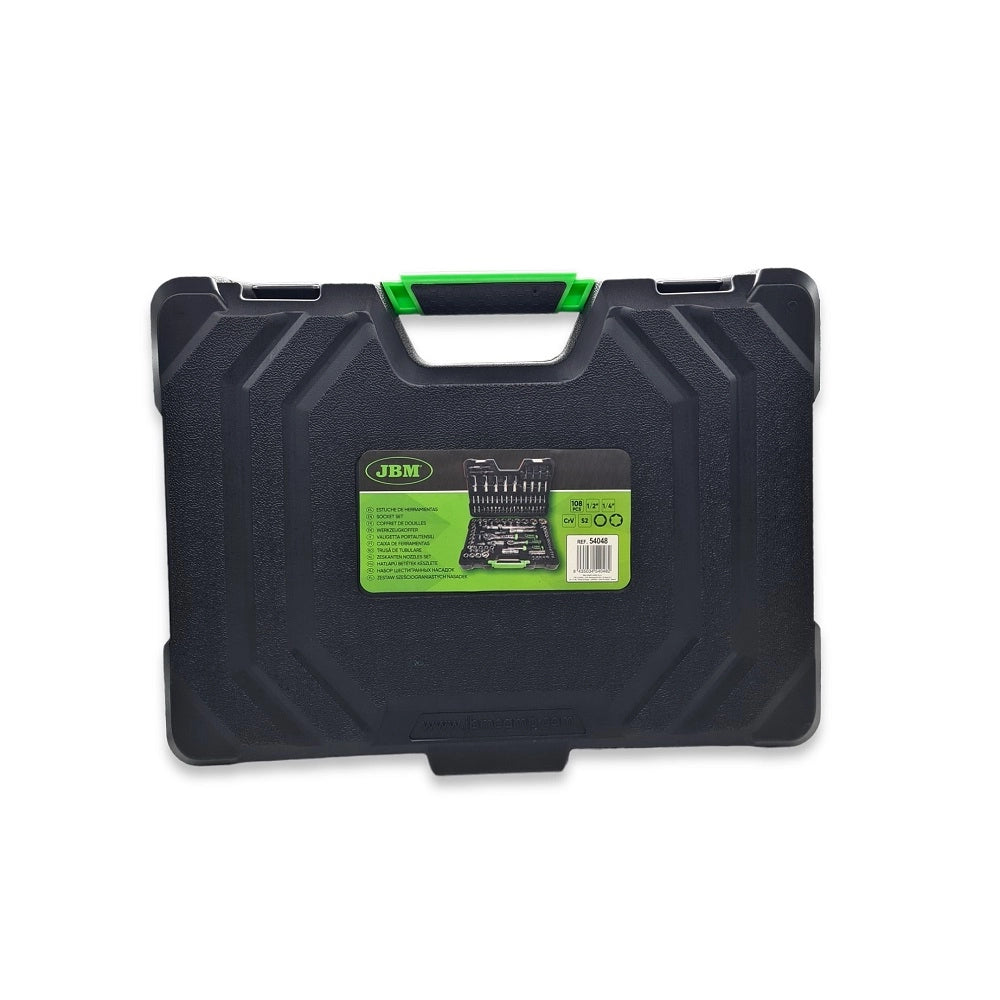 Valigetta Utensili Professionale 108 Pezzi JBM con Bussole Esagonali Cromate, Cricchetti, Prolunghe, Kit Attrezzi per Auto, Officina e Fai-da-Te