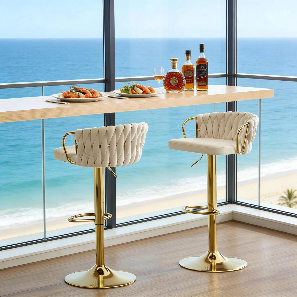 Set 2 sgabelli da bar girevoli in velluto crema bianco con altezza regolabile e braccioli