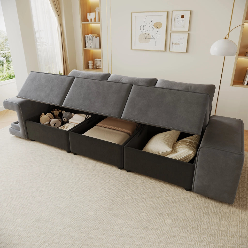 Divano modulare a 3 posti con braccioli larghi e vani portaoggetti, nicchie per animali in velluto grigio 229,5 × 78 × 84 cm