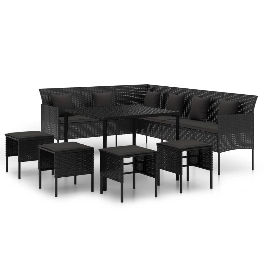 Set da pranzo da esterno in vimini di resina nera da 6 pezzi con cuscini mobili da giardino e cuscini 02_0014460