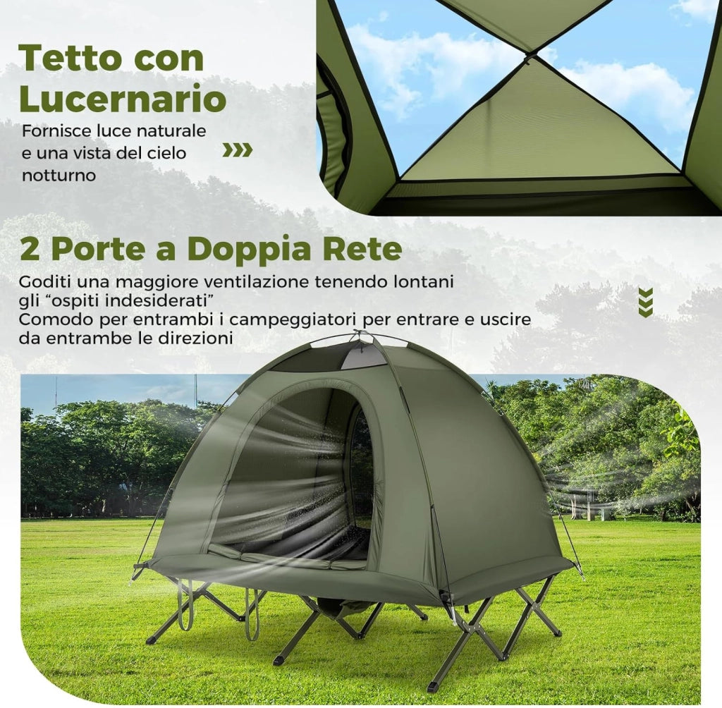Tenda da Campeggio per 2 Persone, Tenda Impermeabile e Pieghevole per Adulti con Riparo Esterno, Borsa con Ruote Portatile, 2 Porte a Rete e Tetto con Lucernario per Campeggio e Spiaggia