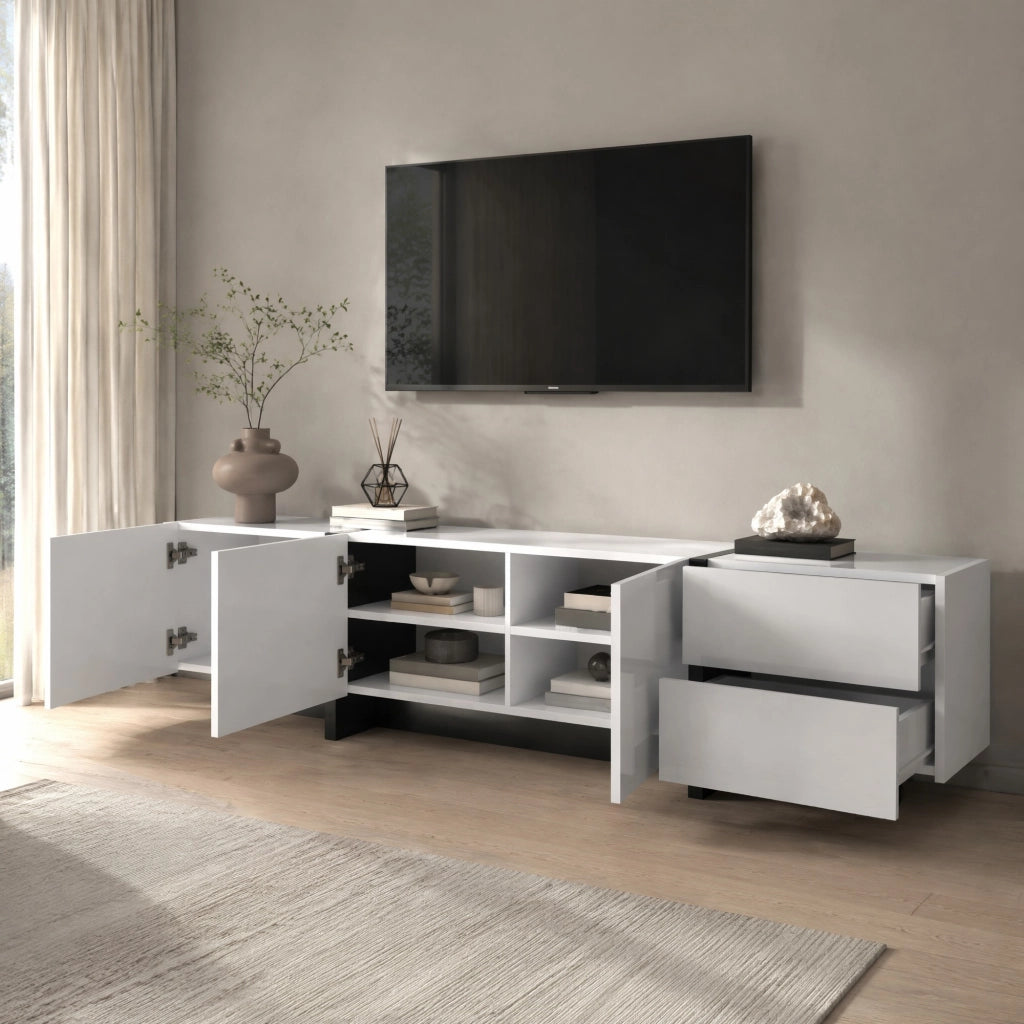 Mobile porta TV con 3 ante e 2 cassetti, ripiani interni, finitura lucida bianca e nera, 190 × 35 × 45 cm