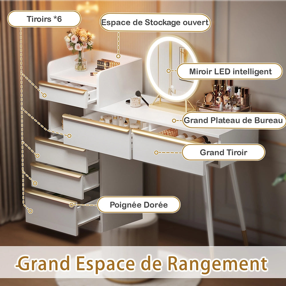 Tavolo da trucco con specchio LED - Xylo - 102x100x41,5 cm - Bianco - Cassetti, luce regolabile