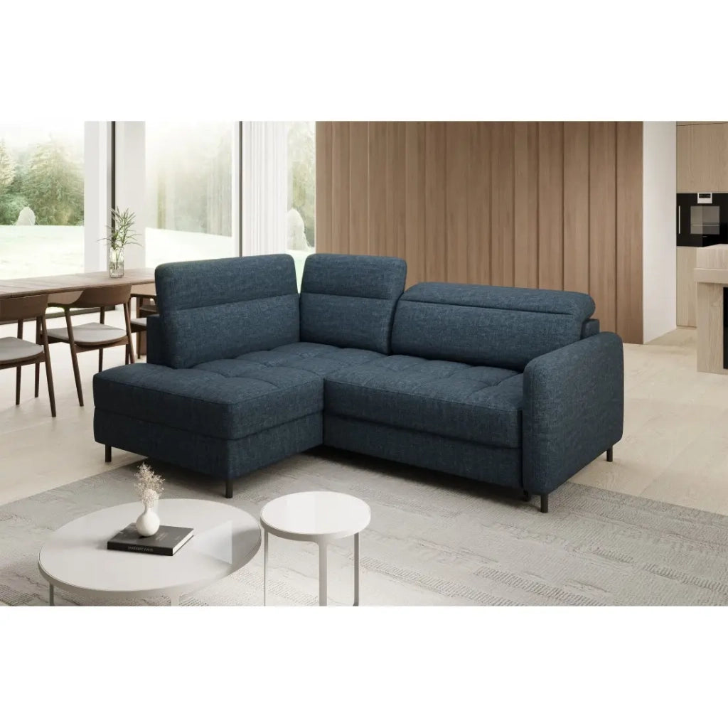Divano angolare sinistro convertibile BARNEA 208 cm blu scuro con contenitore