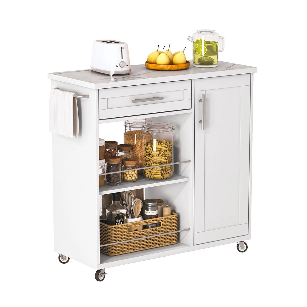 Carrello da Cucina con Piano Effetto Marmo ¨C Xylo ¨C Bianco, Cassetto, Ripiani, 90x62x90 cm