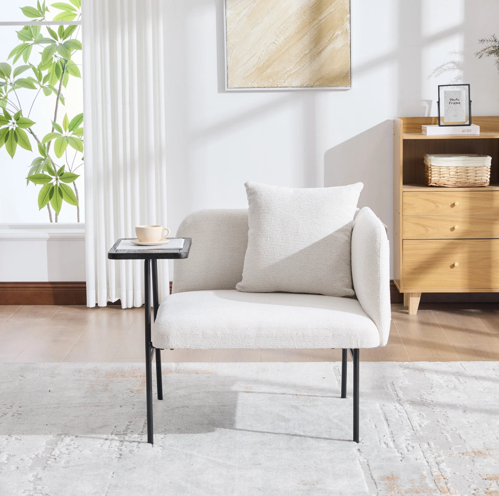 Poltrona in ciniglia beige con tavolino laterale e 2 tasche portaoggetti