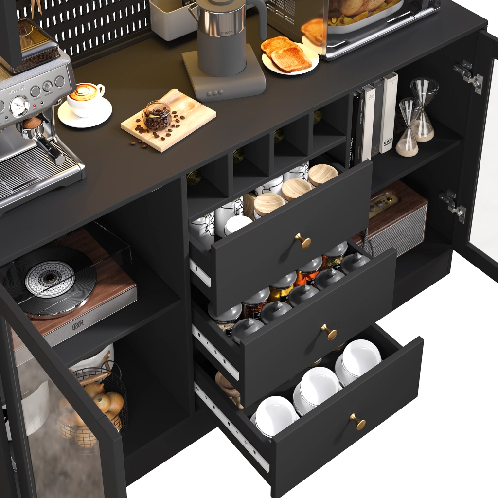 Credenza con LED controllata da app, ripiani regolabili, portabottiglie e portasbicchieri in MDF e vetro nero 140 × 40 × 185,7 cm