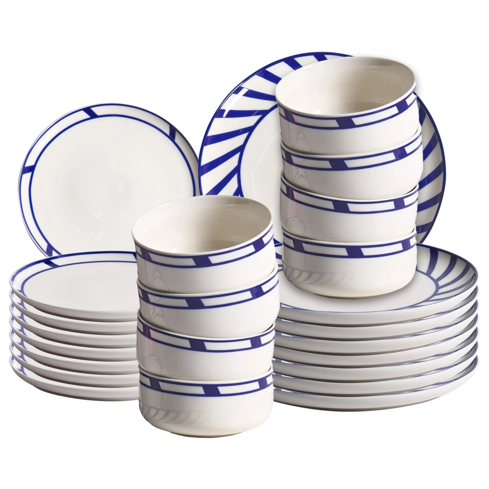 Servizio da tavola in porcellana bianco e blu 24 pezzi finitura smaltata bordo decorativo per 4 persone realizzato a mano per sala da pranzo e cucina
