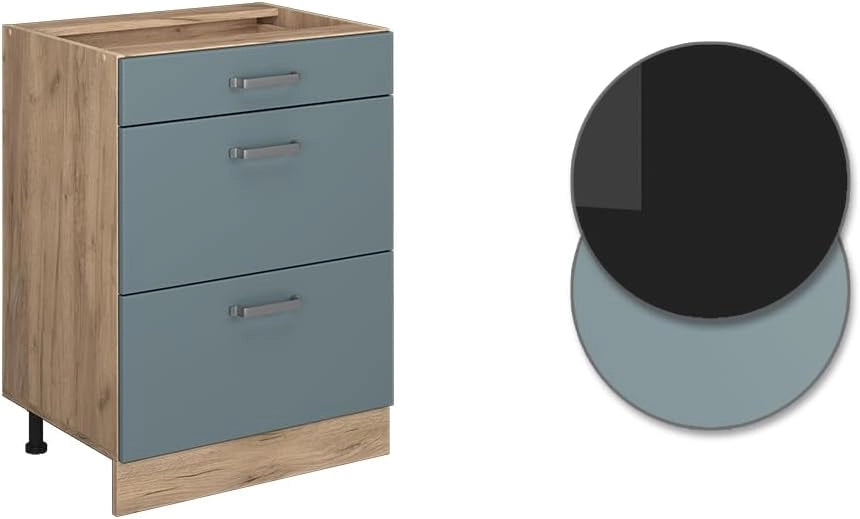 Mobiletto base per cucina R-Line, Grigio-blu, 60 cm con cassetti, senza piano di lavoro, per la libera combinazione all'interno di sistemi cucina modulari