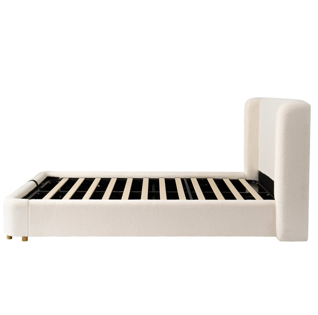 Letto imbottito contenitore con apertura idraulica e rete a doghe; bouclé beige