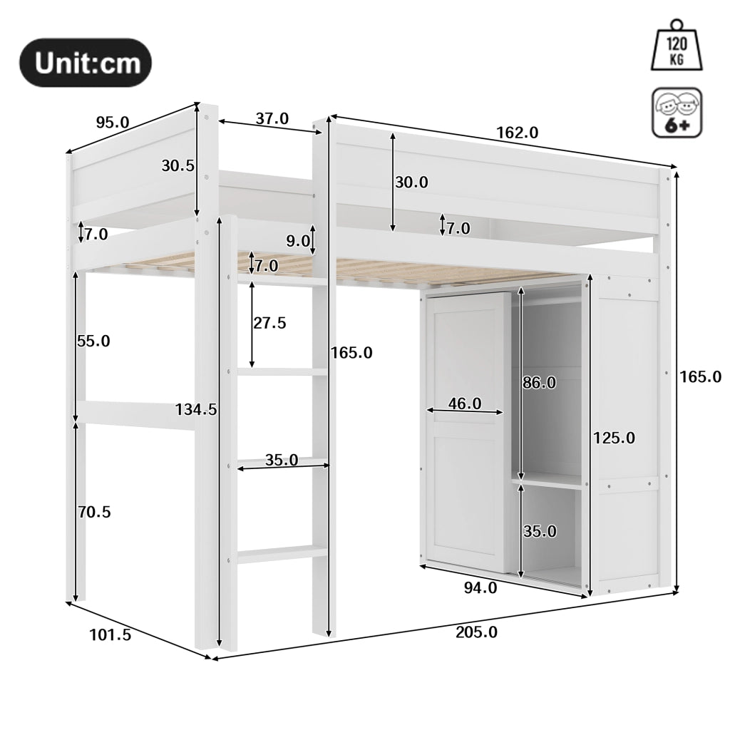 Letto a castello bianco in pino con armadio integrato funzione contenitore e dimensioni 90x200 cm
