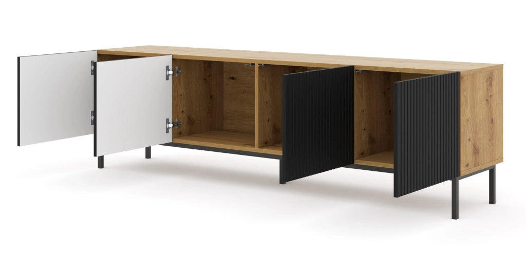MOBILE RAVENNA B PORTA TV IN MDF RIVESTITO IN LEGNO 4D 200 ROVERE ARTIGIANALE NERO OPACO TELAIO NERO