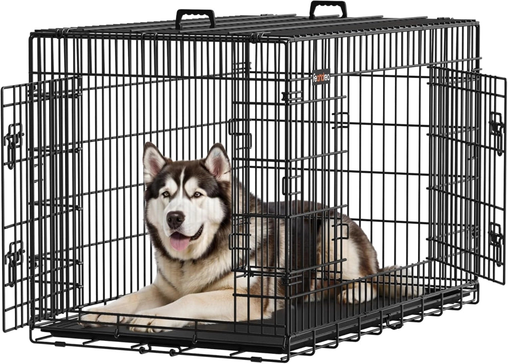 Feandrea Gabbia per Cani Pieghevole, con 2 Porte, Vassoio Rimovibile, 136 x 79 x 84 cm, XXXL, Nero PPD054B01