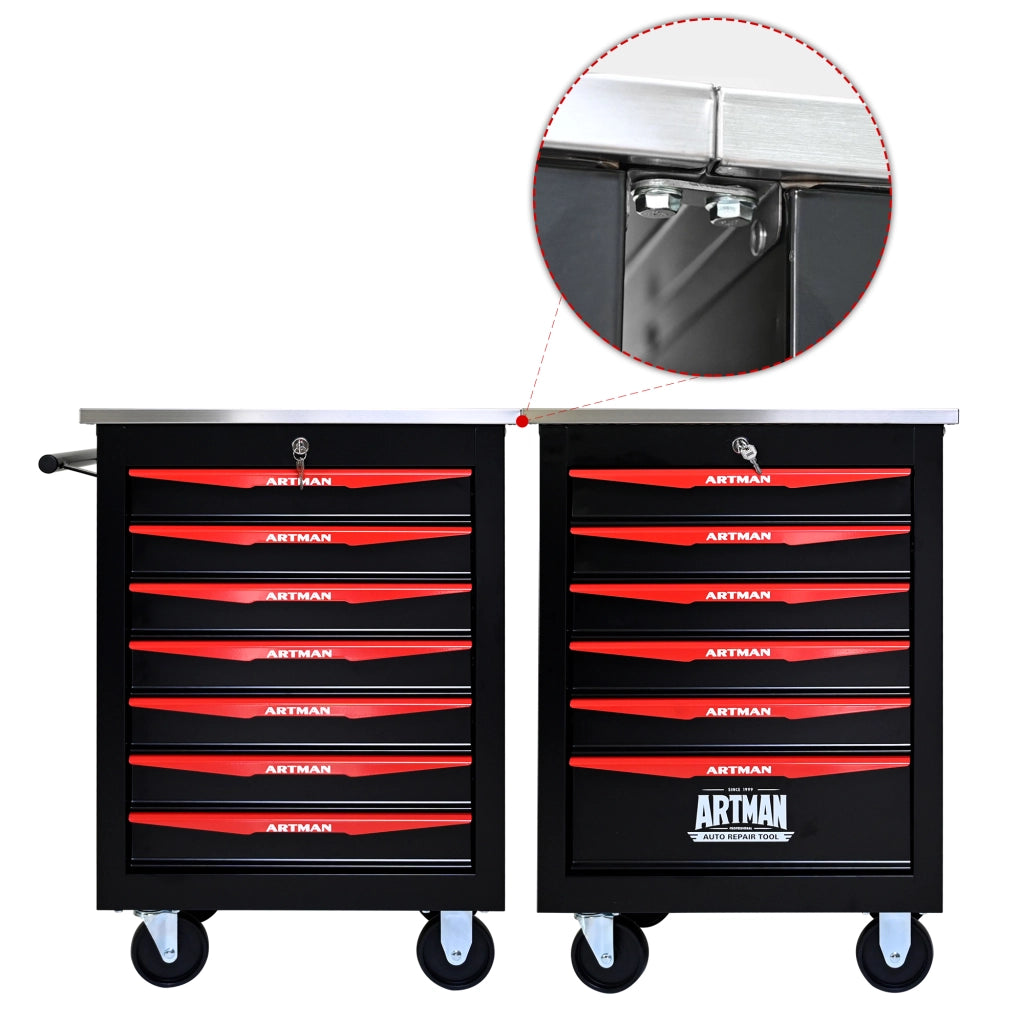 CARRELLO PORTA ATTREZZI 7 cassetti con ruote 62,5x34,5x78 cm Acciaio Nero/Rosso