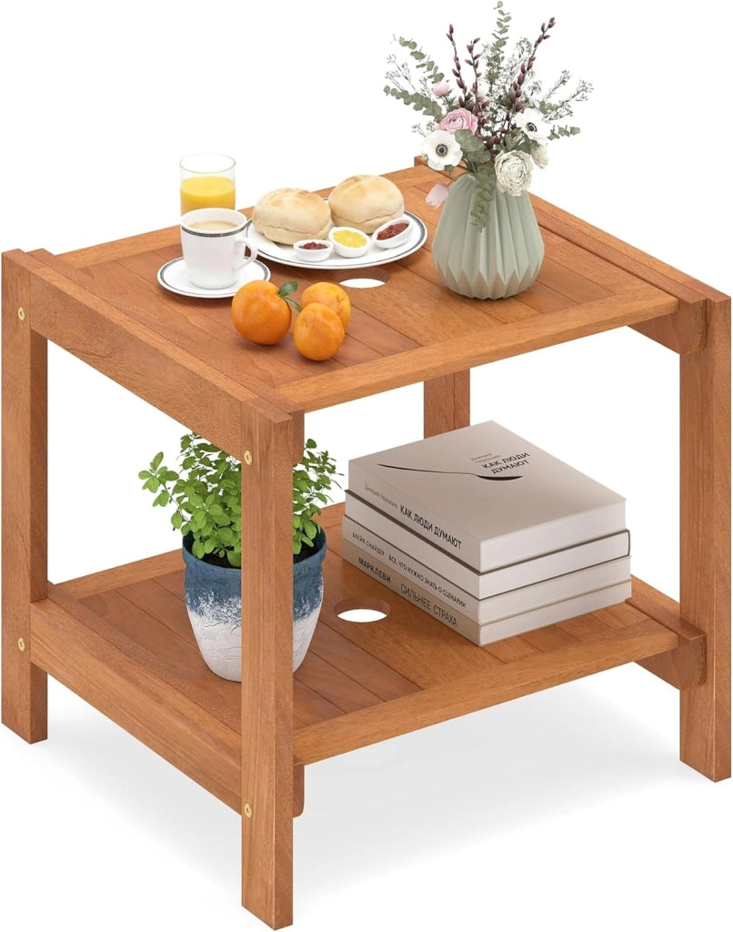 Tavolino da Esterno con Foro per Ombrellone 4 cm, Tavolo da Balcone in Legno Massello, a 2 Ripiani, Salvasapzio, per Giardino, Terrazzo, Cortile, Portata 40 kg, 51 x 48 x 45 cm