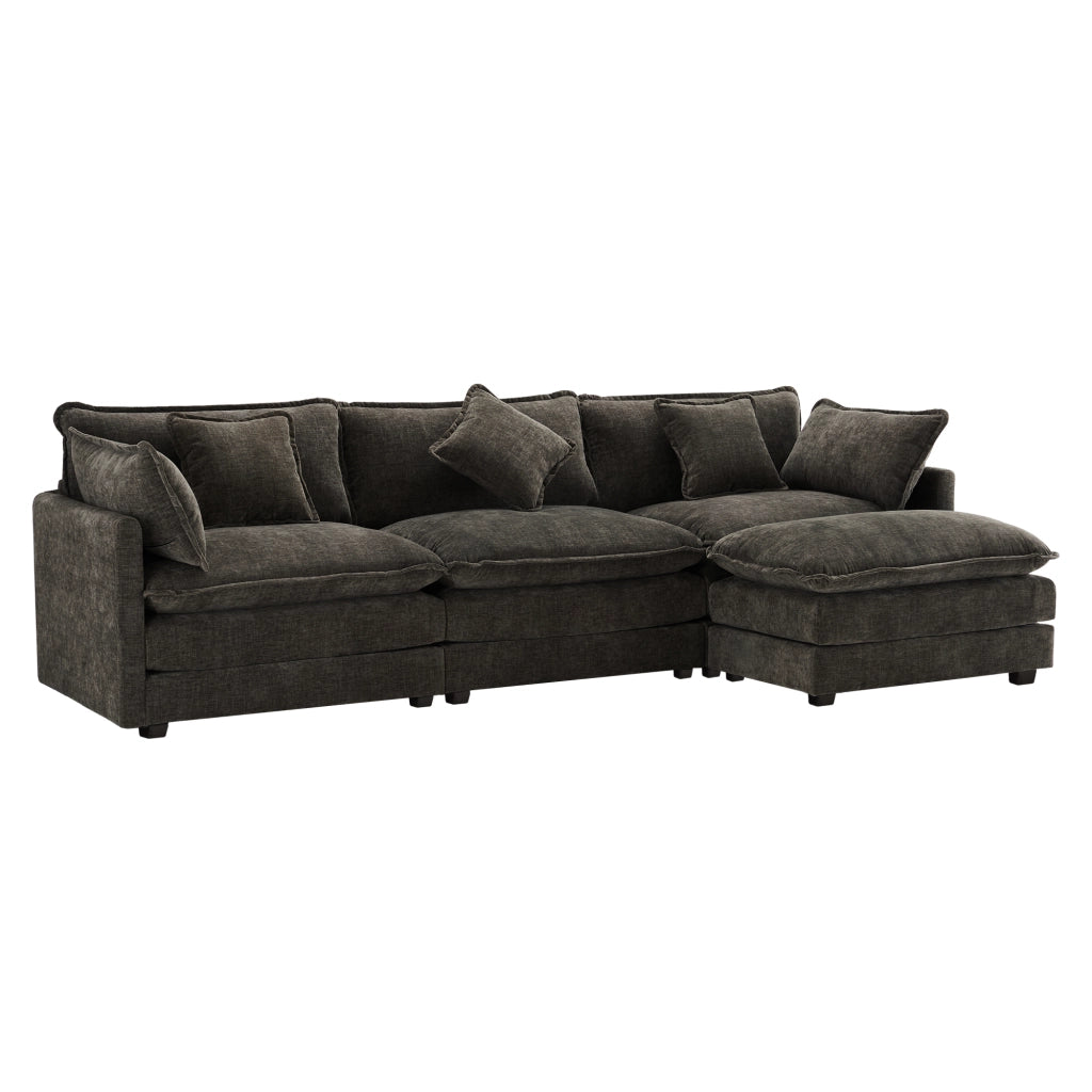 Divano angolare 3 posti con pouf mobile e cuscini lombari in chenille grigio scuro