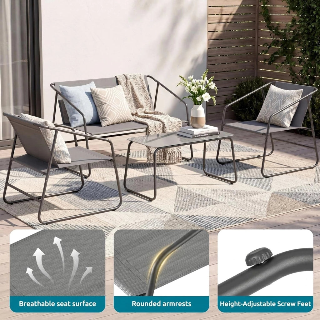 Set Salotto da Giardino 4 Pezzi, Mobili da Balcone in Tessuto Texteline con Divano 2 Posti, 2 Poltrone e Tavolino, Resistente alle Intemperie, Ideale per Balcone Terrazza Giardino, Grigio