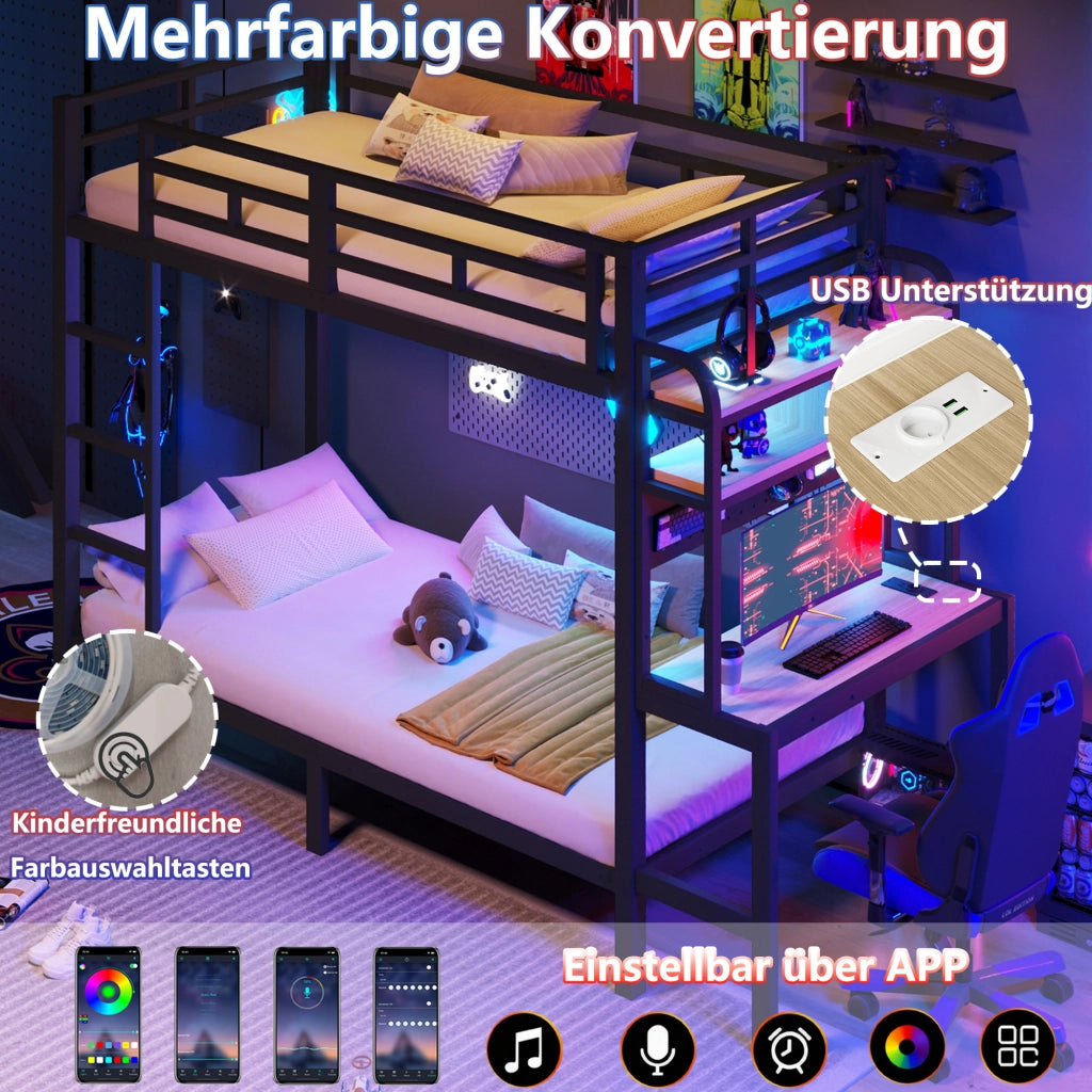 Letto a castello 90 × 200 cm con scrivania, ripiani, LED e USB, con barriera di sicurezza, senza materasso, nero