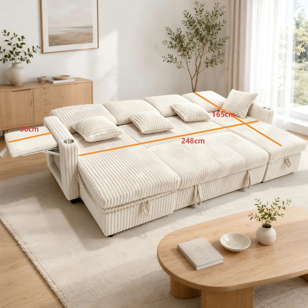 Divano panoramico a U modulare con funzione letto; contenitore; USB e portabicchieri in velluto a coste beige