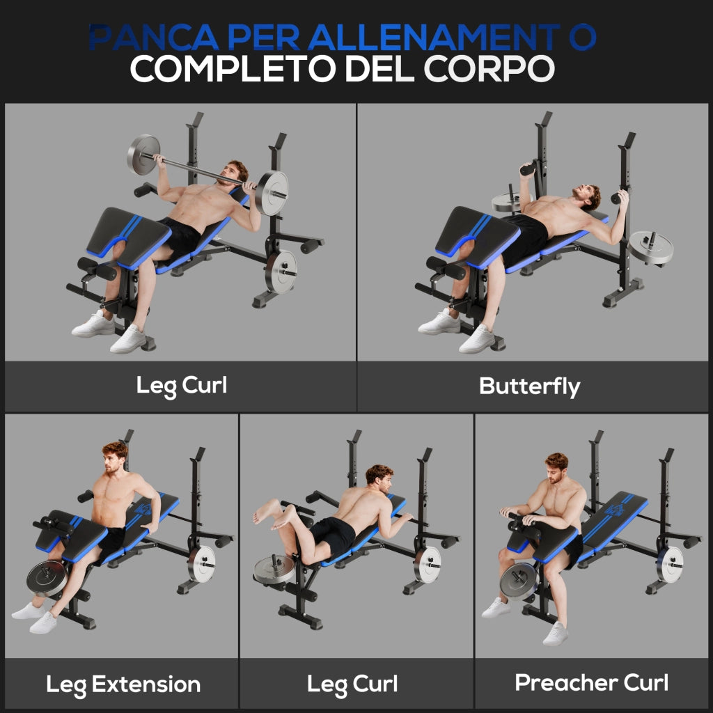 Panca Palestra Pesi Multifunzione 6 in 1 Schienale Regolabile Nero e Blu