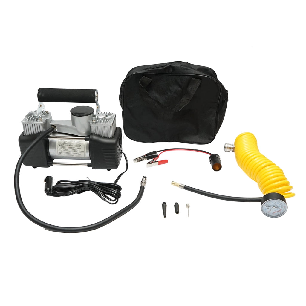 Compressore d’aria per gonfiaggio gomme 12V, 150 PSI, 85 l/min, 2 cilindri, cavo 3 m per presa accendisigari auto