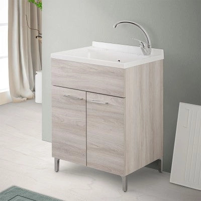 Mobile lavatoio 60x50 cm 2 ante rovere grigio con vasca in resina