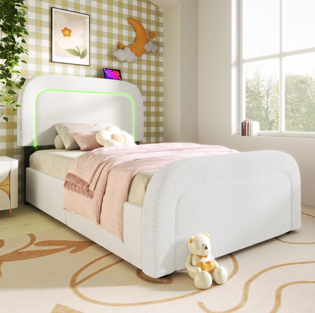Letto singolo 90x200 cm con LED; USB C e 2 cassetti; tessuto sherpa bianco