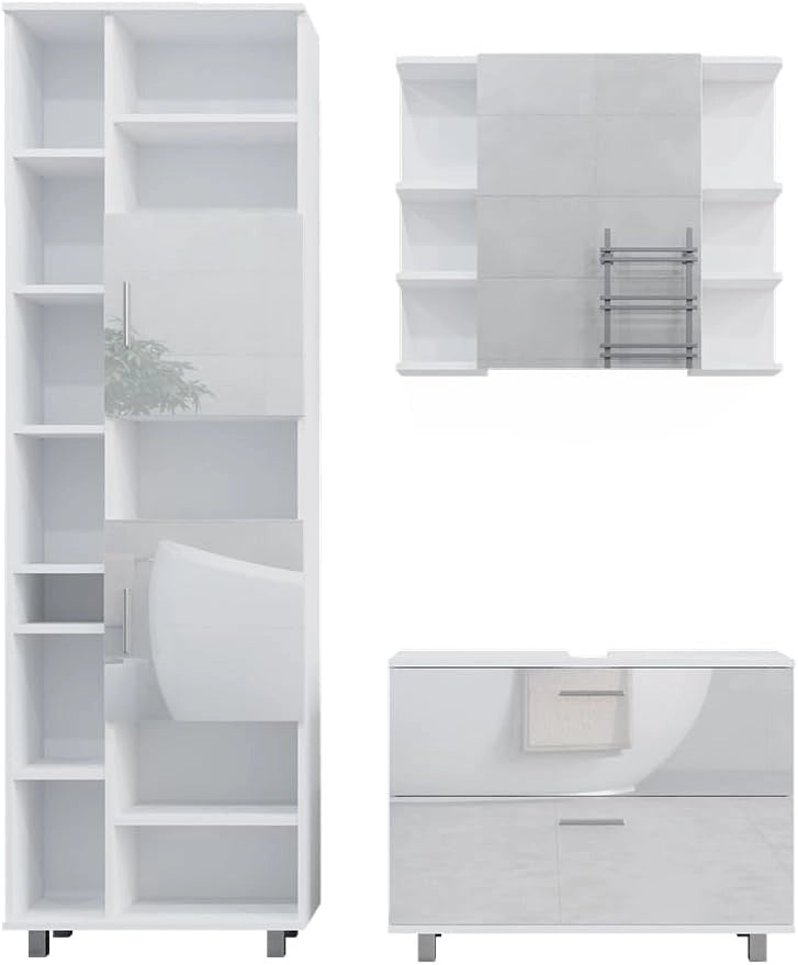Set di mobili da bagno Ilias, Bianco lucido, 80.2 cm, composto da mobile sottolavabo, specchiera e colonna alta