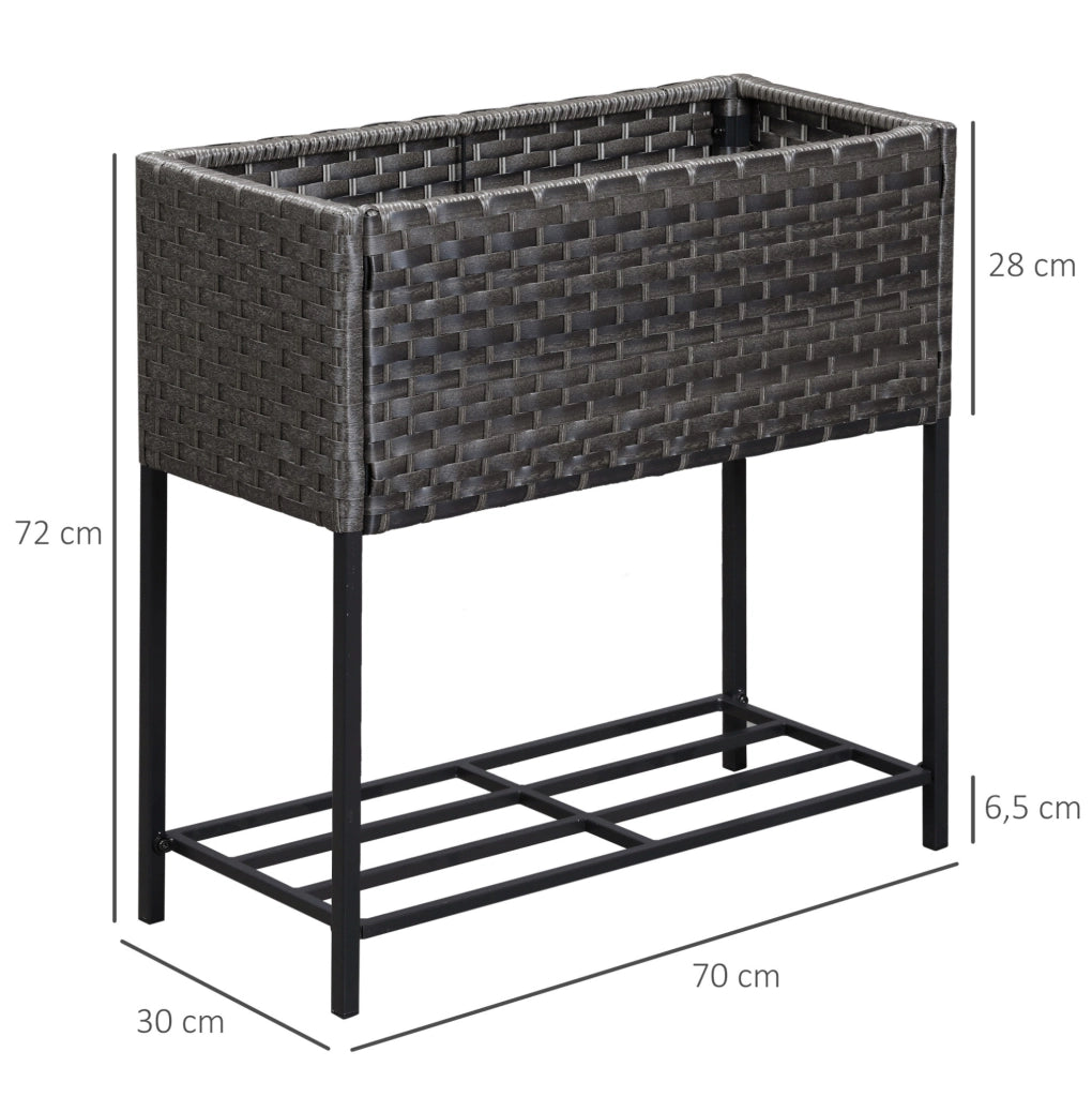 Fioriera rialzata marrone in rattan sintetico con ripiano
