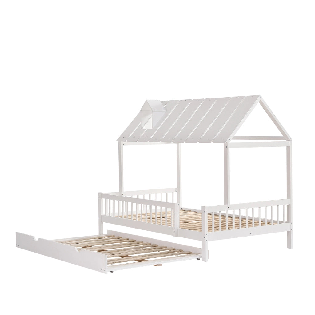 Letto a casa con letto estraibile bianco in pino e MDF 120x200 cm
