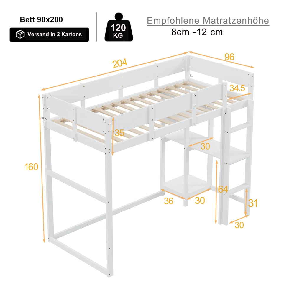 Letto a soppalco 90 × 200 cm con ripiano integrato e rete a doghe in legno bianco con barriere laterali