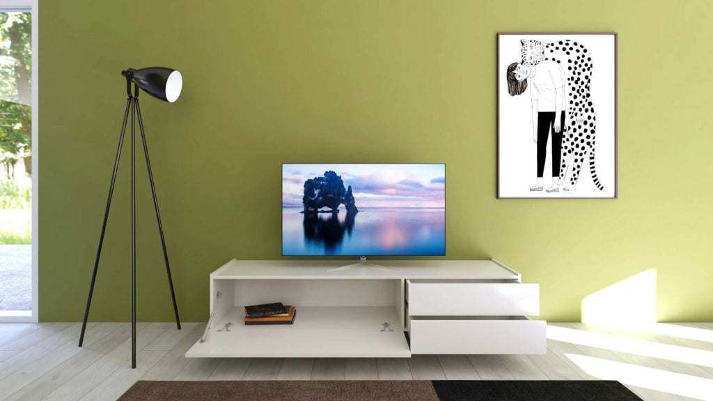 Porta TV 1 ribalta/2 cassetti 160x42x40 cm bianco lucido - SOLARIA