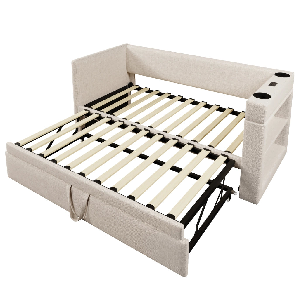 Daybed imbottito 90x190 cm con letto estraibile, USB, Type-C e portabicchieri