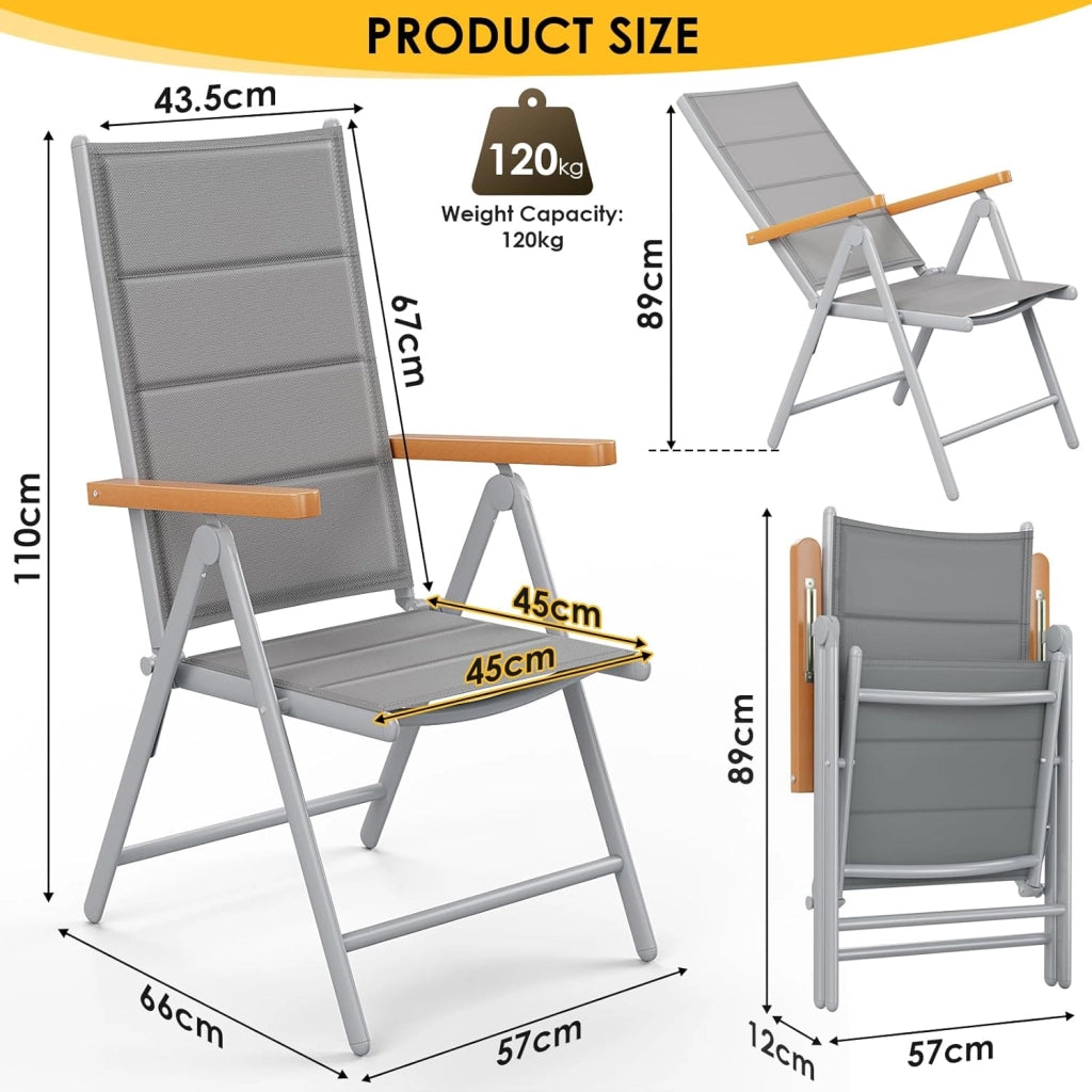 Set di 4 sedie da giardino con schienale alto, Sedia pieghevole in Alluminio, Braccioli in WPC, Schienale trapuntato e regolabile in 7 posizioni, per ristoranti, patii, Grigio argento, 4 PCS