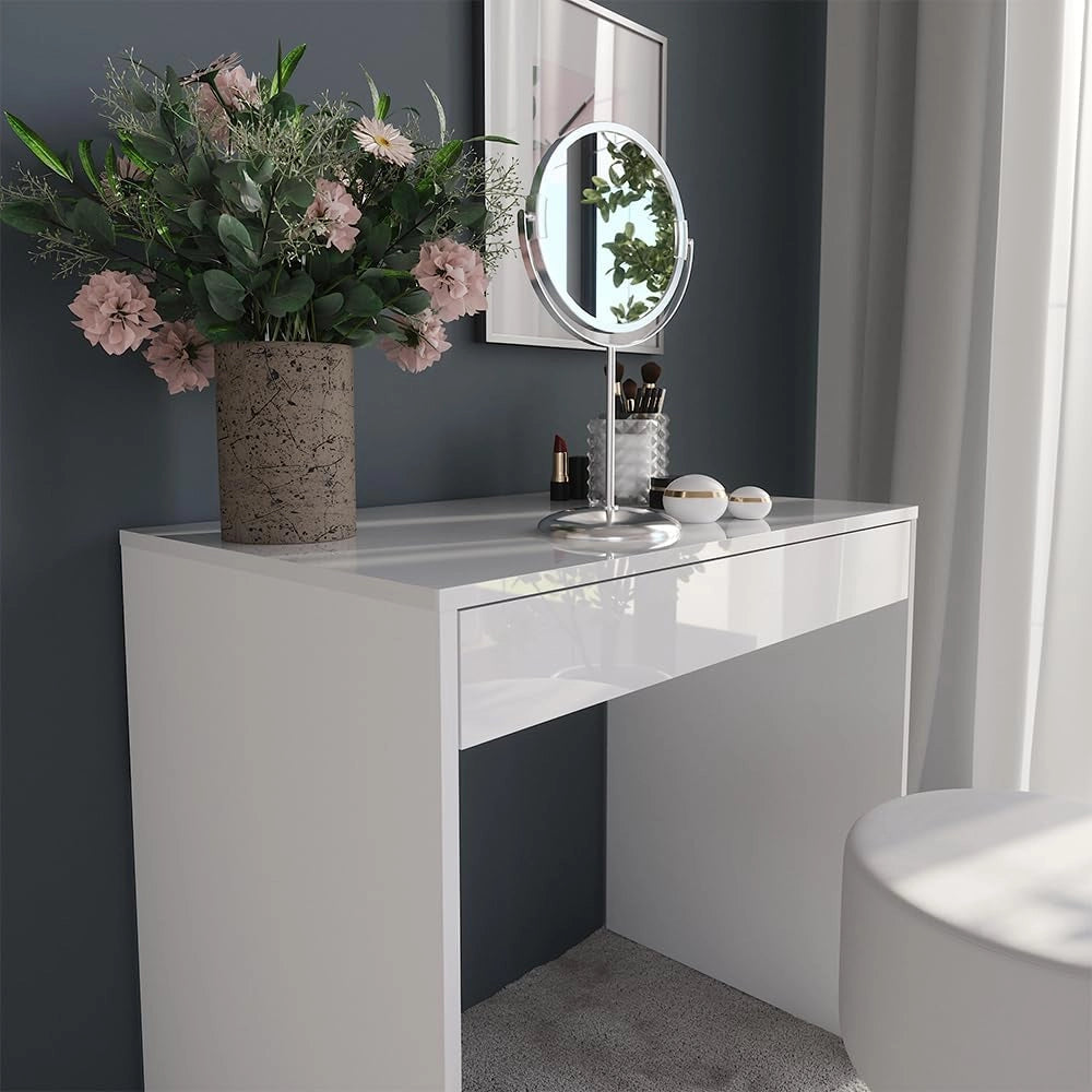 Tavolo da toeletta Sherry, Bianco/bianco lucido, 81.4 cm con sgabello