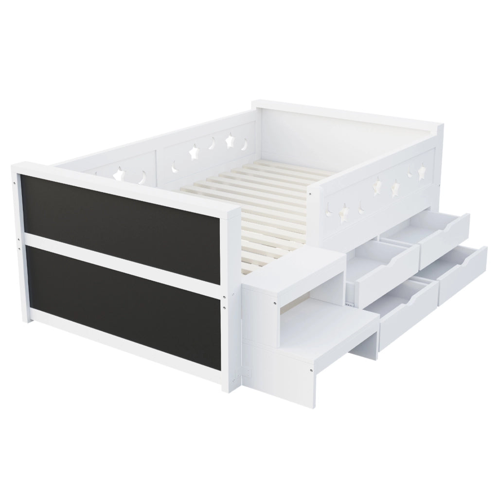 Letto singolo per bambini 90x200 cm con sponde stelle e luna; lavagna; cassetti; gradino e LED; legno bianco