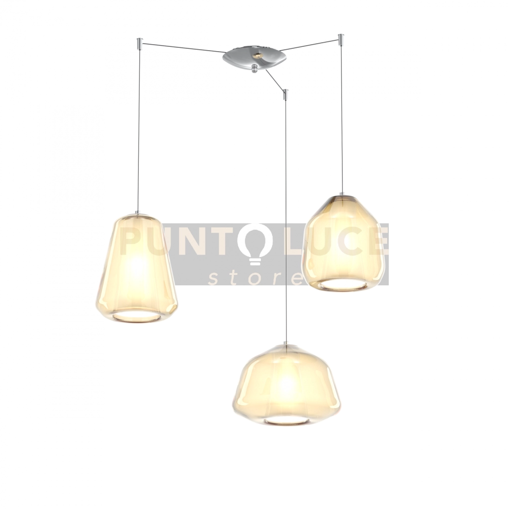 SOSPENSIONE CROMO 3 LUCI SPOSTABILE VETRI ALPHA + BETA + GAMMA AMBRA 1176CR-S3 S ABG-AM