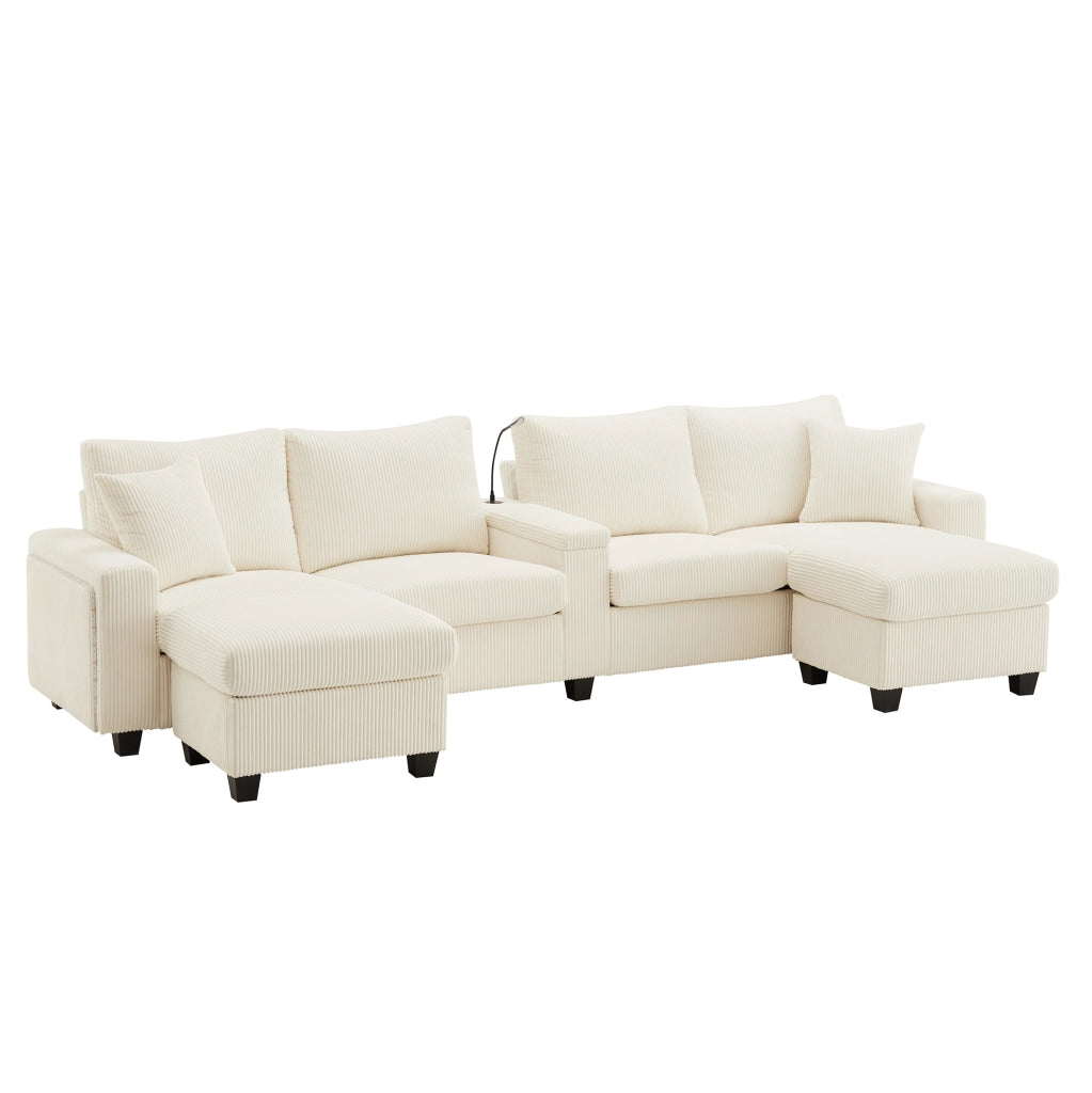 Divano a U in velluto a coste con 2 pouf contenitore; LED; USB e Type-C; beige 334x128;5x81 cm