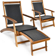 Sedia a Sdraio da Esterno con Poggiapiedi Telescopico, Schienale e Sedile in Rattan, Poltrona Pieghevole con Struttura in Legno Massello per Giardino, Cortile, Portata 160 kg