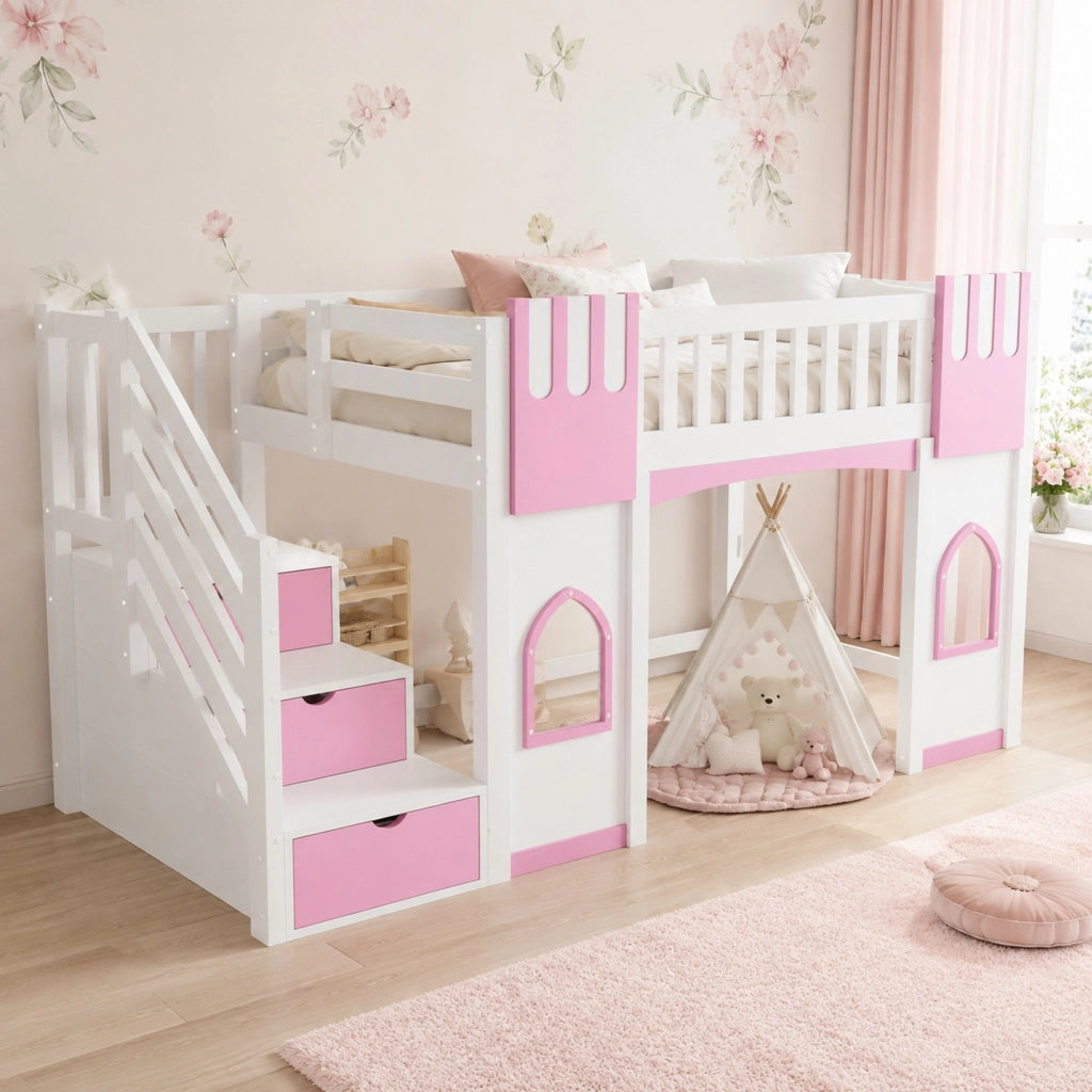Letto a soppalco 90x200 cm con scala contenitore, bianco/rosa